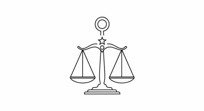 Stylized black line art of a balance scale with a star and ring above