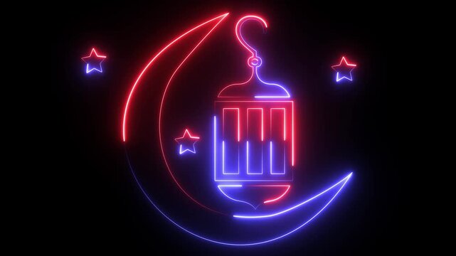 A "Ramadan Kareem" greeting, showing a traditional lantern (fanus), crescent moon, and stars.&nbsp;A central lantern hanging from a crescent moon, surrounded by small star icons.
