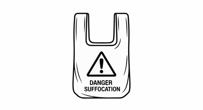 Line drawing of a plastic bag with a suffocation warning symbol