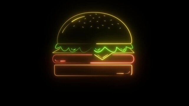 A vibrant neon sign illustration of a burger in orange, green, and yellow hues against a black background.