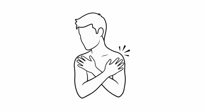 Line art of a person hugging themselves, shoulder pain depicted