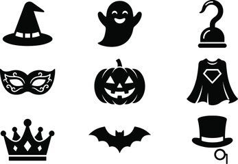 Obraz premium Set of nine black silhouette featuring a witch hat ghost pirate hook masquerade mask jack o lantern superhero cape crown bat and hat with monocle on a white background