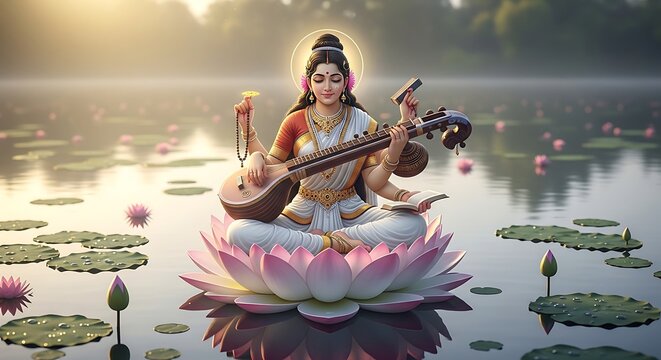 Hindu Goddess Saraswati Statue.