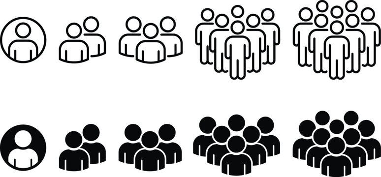 Set of human group showing increasing crowd size from single person to large team in outline and solid black silhouette styles on white background