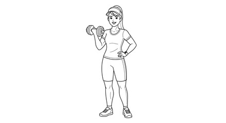 Obraz premium Line art of a fit woman lifting a dumbbell for a fitness coloring page.