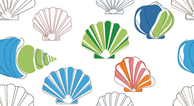 Seamless pattern with colorful stylized sea shells on white background