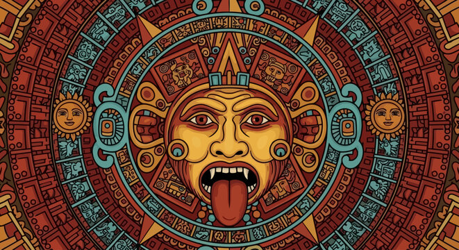 Stylized Aztec Sun Stone calendar with a central face and radiating sun symbols.