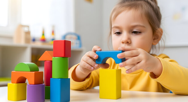 Kid Stacking Blocks Carefully