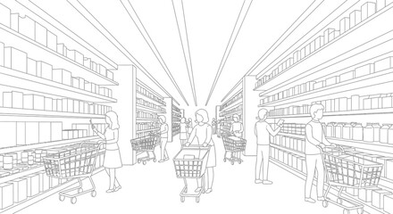 People shopping in a supermarket aisle with shopping carts, line art illustration. © Anis