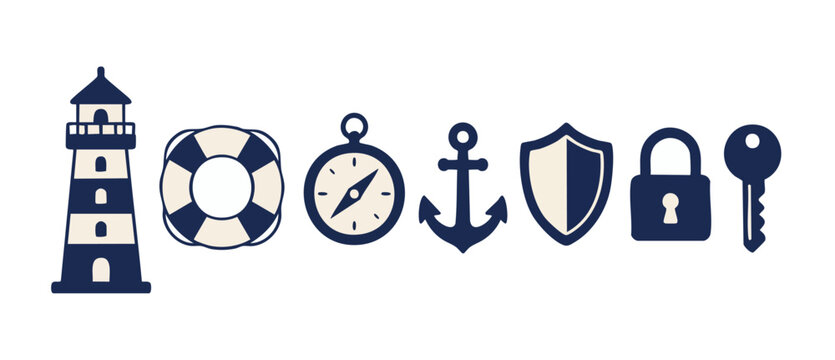 Nautical Icon Set with Lighthouse, Lifebuoy, Compass, and Anchor symbols in flat blue design. Maritime adventure equipment and security navigation icons for travel, protection, and coastal safety them