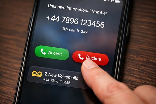 Person Declining an Unknown International Spam Call on a Smartphone