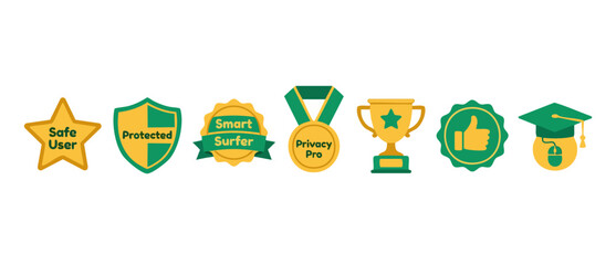 Naklejka premium Cybersecurity and Digital Safety Badges Set for Web Design, Featuring Privacy Protection Shields, Gold Medals, and User Verification Icons for Secure Online Browsing and Internet Education Concepts