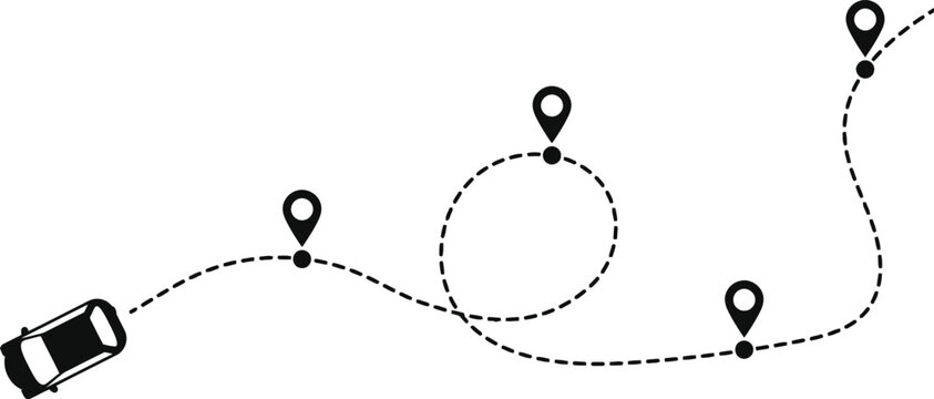 Car following a dashed navigation route with multiple location pins