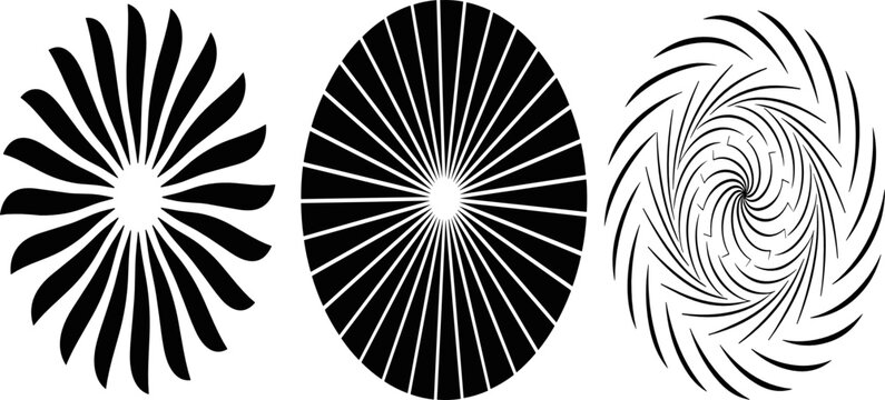 Abstract Radial Sunburst Shapes Collection with Spiral and Circular Line Patterns for Modern Graphic Design, Backgrounds, Logos, and Decorative Vector Elements