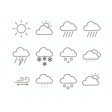 Hand drawn weather forecast icons set with sun rain snow and clouds minimalist line vector illustration