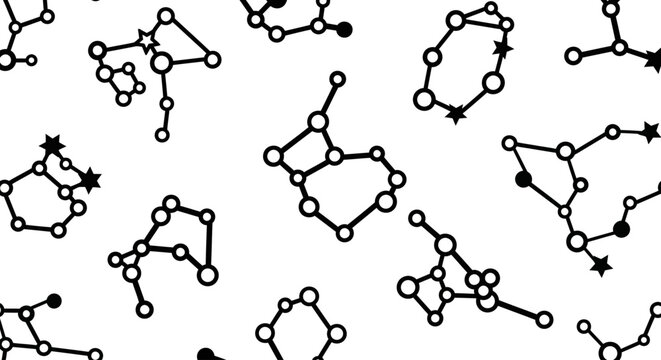 Seamless pattern with various constellation designs in black and white.