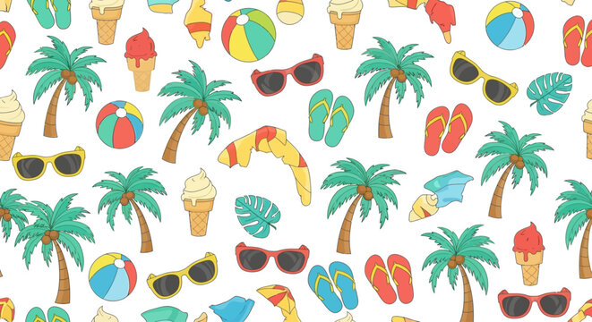 Seamless summer beach pattern with hand drawn tropical vacation icons
