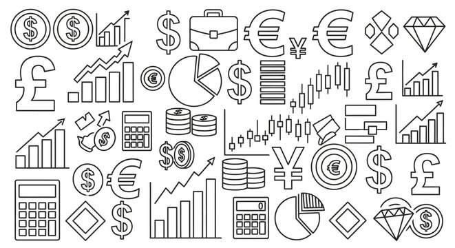 Financial icons and charts for business and investment.