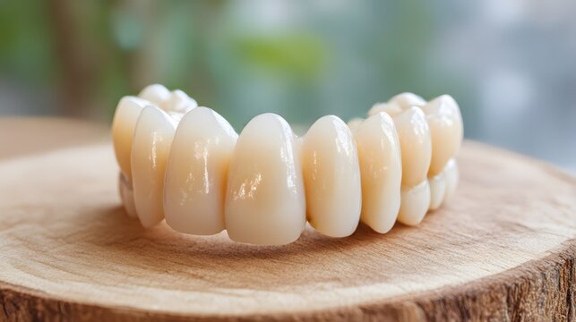 Dental bridge ceramic prosthesis for tooth restoration placed on natural wooden surface.
