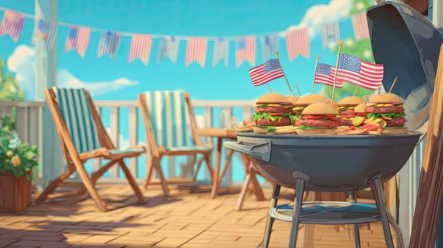 Summer Barbecue Party on Outdoor Deck with Festive Bunting