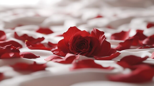 Red rose and petals on white bed linens