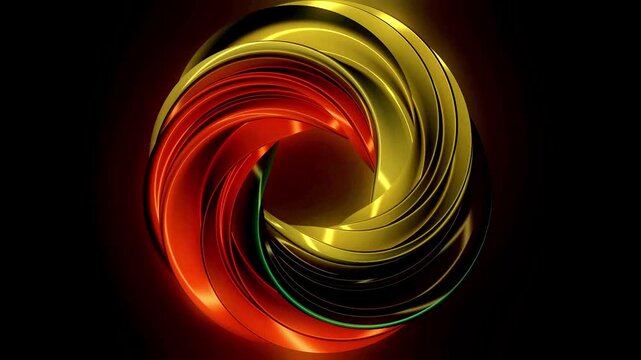 Twisted metallic torus rotates in a seamless loop with gold and copper colored reflective surfaces.