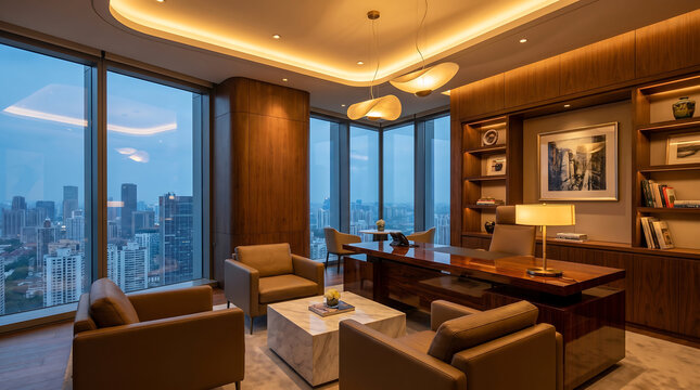 high level executive office workspace with city view