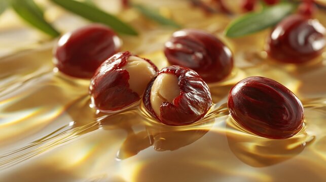 Close-up of rich, golden liquid with fresh, halved shea nuts and green leaves, evoking natural beauty and organic ingredients.