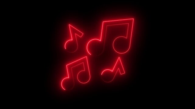 red color glowing neon line music icon. music icon  animation on black background. 4k video