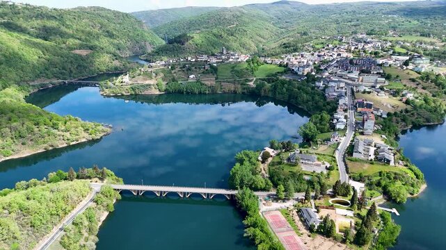 Viana do bolo town aerial view with lake and bridge in galicia spain