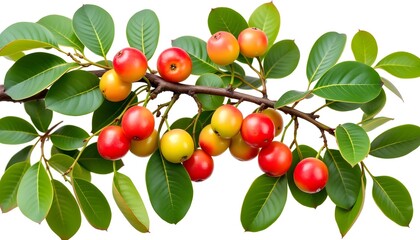 Obraz premium A branch of a jujube tree with green leaves and ripening fruits is shown against a white background