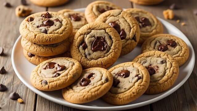 Delicious Chocolate Chip Cookies on a White Plate.