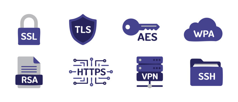 Cyber Security Icons Set, Digital Data Encryption Symbols for SSL, TLS, AES, VPN and Network Protection Protocols for Web Development, Software Infrastructure and Information Technology Concepts