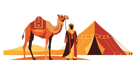 Bedouin man and camel in desert with tent © sitimmk