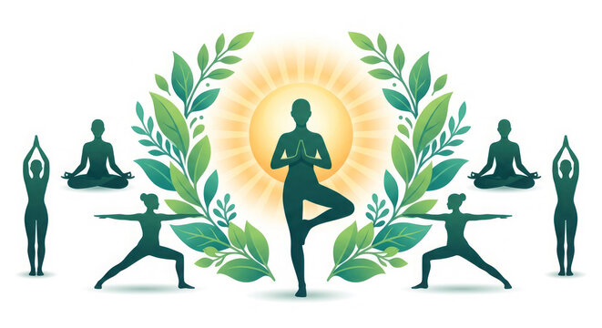 International Yoga Day wellness logo concept with yoga poses, leaf wreath and clean background.