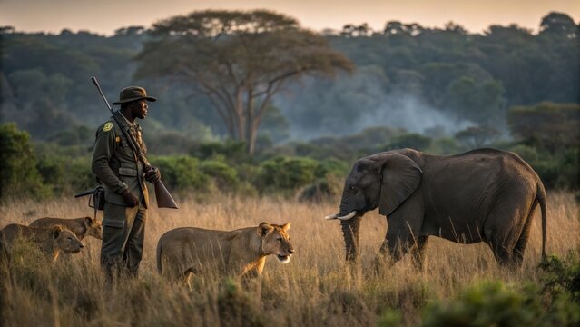 A ranger stands alert in a savannah, surrounded by two lions and an elephant, amidst tall grass and distant trees at dusk.