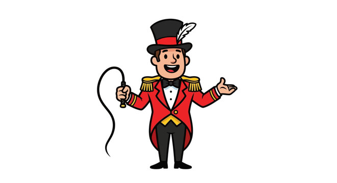 Cheerful cartoon circus ringmaster with whip and welcoming gesture.