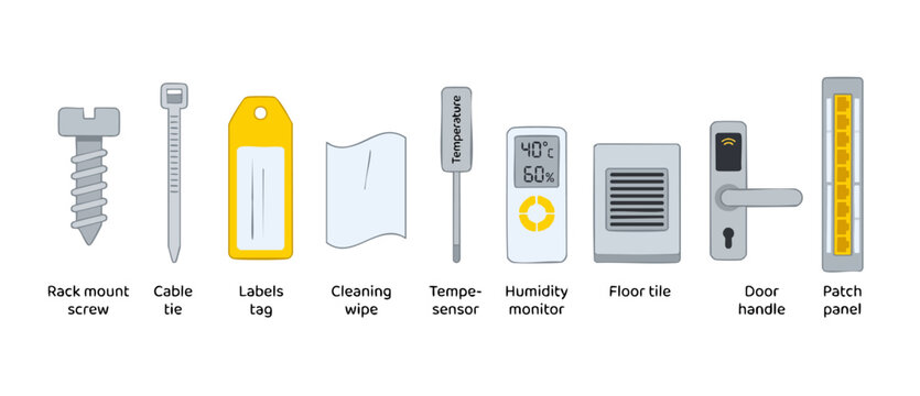 Server Rack Equipment Icons Set, Network Infrastructure Components for Data Center Maintenance, IT Hardware Hardware Accessories for Cabling, Cooling, Access Control and Monitoring Tools Illustration