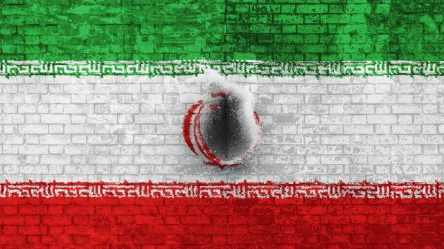 Iran national flag painted on a crumbling brick wall with an explosion impact showing destruction and conflict, representing a current war crisis or political instability
