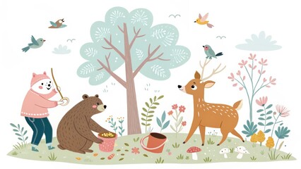 Obraz premium A whimsical illustration of a bear, deer, and a person in a pink hat gardening together surrounded by flowers, birds, and trees in a peaceful outdoor setting.