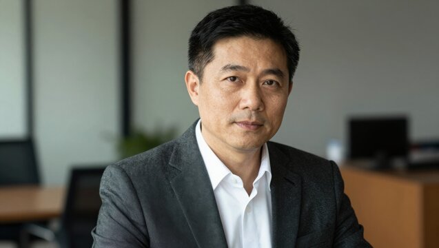 Middle aged man seated with serious expression in office