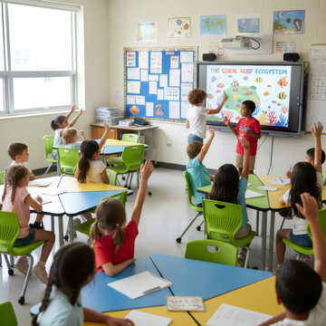 Diverse group of boy and girl students raising hand during biology lesson in elementary classroom. Boy presenting coral reef ecosystem project on interactive whiteboard. Education concept.