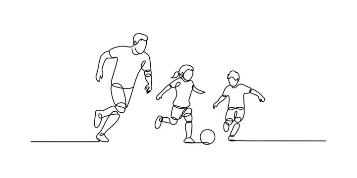 Father and children playing soccer together as a continuous line art drawing Vector, illustration