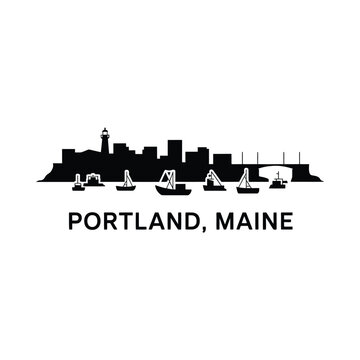 portland maine skyline silhouette with boats on white background