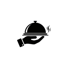 Fototapeta premium Black silhouette icon of a hand holding a serving tray with a cloche cover and steam lines, representing hot food service. Vector illustration isolated on white background.