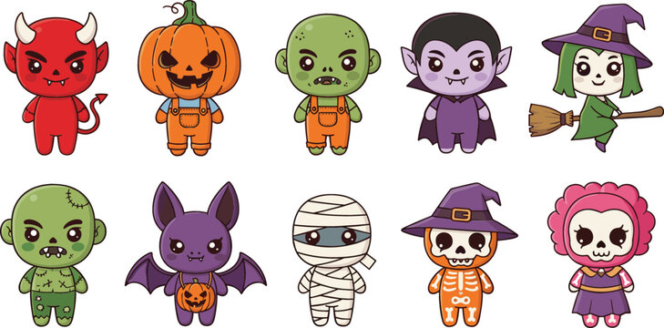 Cute Halloween characters vector set with devil pumpkin zombie vampire witch mummy and skeleton, adorable spooky cartoon collection for kids holiday design