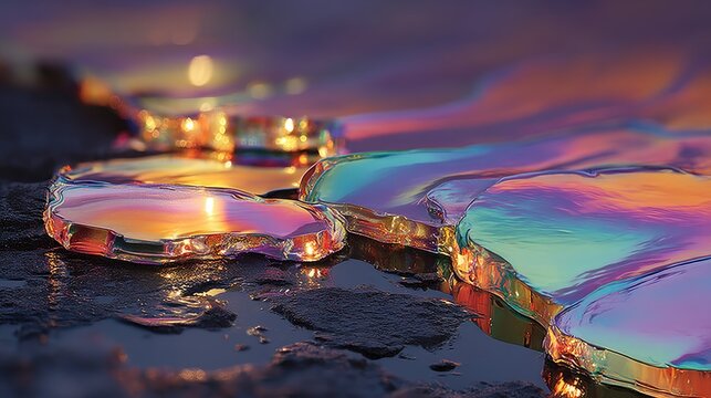 Oil slick abstract background, iridescent rainbow colors, black liquid surface, holographic reflection, modern trippy texture 