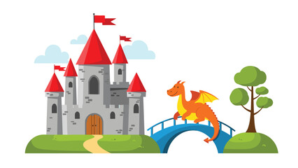 Fototapeta premium Majestic cartoon castle with red roofs and flags stands proudly, while a friendly orange dragon crosses a blue bridge.
