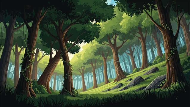 Enchanting pixel art forest landscape with towering trees, sun-dappled paths, lush green grass, and winding vines.