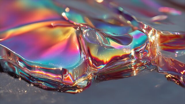 Oil slick abstract background, iridescent rainbow colors, black liquid surface, holographic reflection, modern trippy texture 